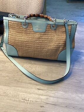 Gucci Straw Satchel with Light Blue Leather Trim and Bamboo Handles